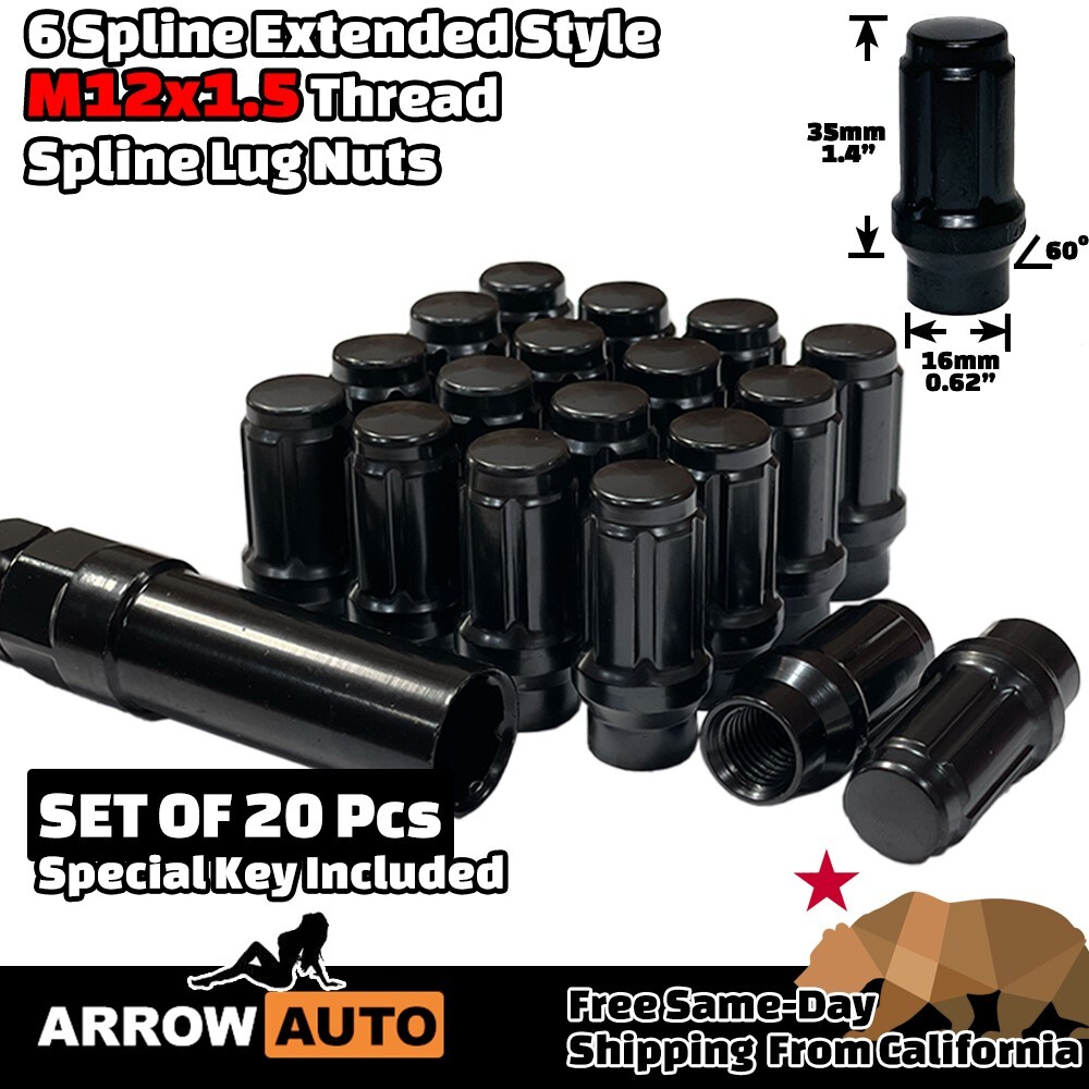 20x Black M12x1.5 Extend type Tuner Spline Lug Nut & Key Fit Acura