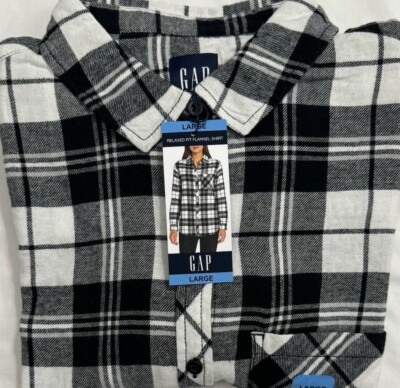 New Gap Women's Long Sleeve Flannel Shirt Black Plaids Size L $22.00