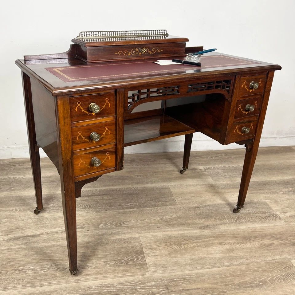 Scrivania piccolo scrittoio antico inglese 800 in legno intarsiato antiquariato - Immagine 4 di 4