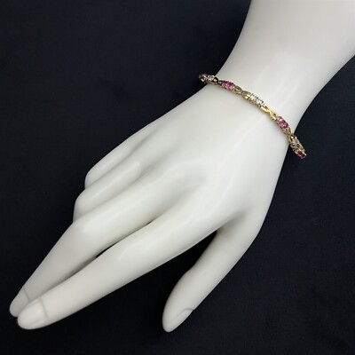 Modernes Armband rosa Rubin weißer Zirkon vergoldet Sterlingsilber 7,5 Zoll