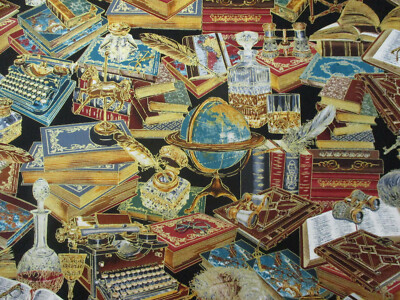BOOKS METALLIC STUDY GLOBE PEN INK TYPEWRITER MORE COTTON FABRIC FQ