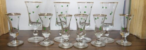 VINTAGE Set of 10 Footed IRISH Clover  SHAMROCK Shot Glass Cordial Gold Trim  - Picture 1 of 15