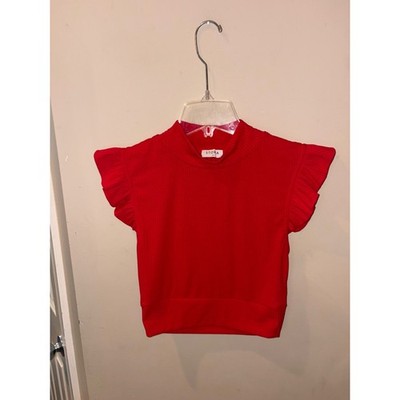 Stora Red Ribbed Mock Neck Ruffle crop top Cap Sleeve Top JT1243A Size Medium
