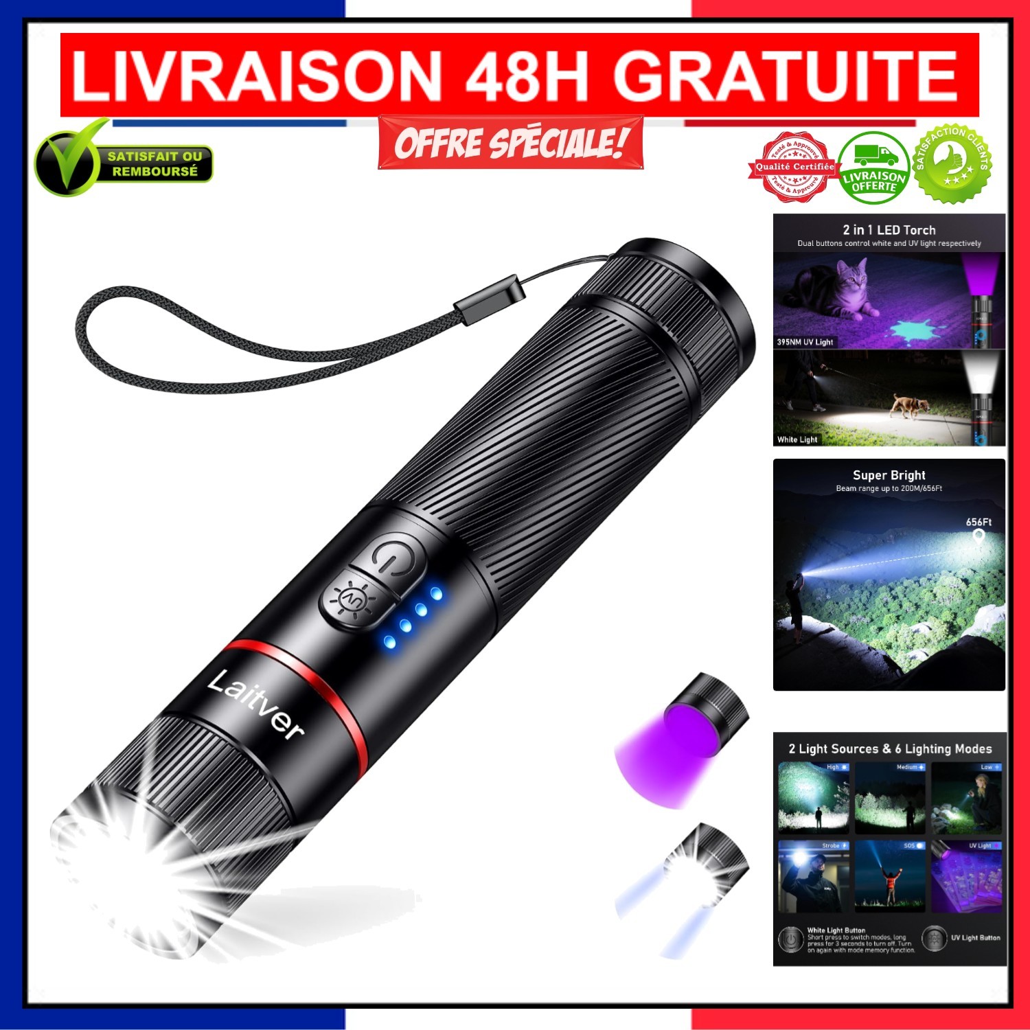 Lampe torche rechargeable Laitver idéale pour camping et randonnée