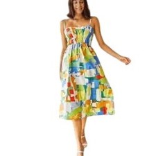 Stradivarius Abstract Paint-Print Smocked Midi Sundress – Size Small
