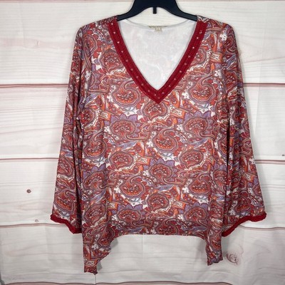 Maria Gabrielle Top Womens 3X Red Orange Paisley Blouse Chiffon Kimono Sleeve