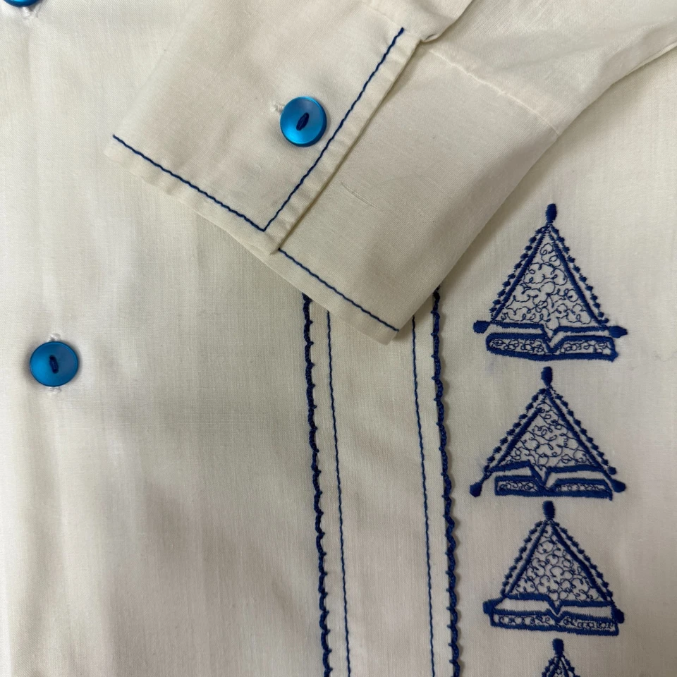 复古 70 年代 Fanny 男式白色蓝色刺绣纽扣 MOD 迪斯科衬衫 Smock M — 第 4/4 张图片