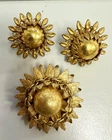 Vintage Miriam Haskell Gold Tone Sunburst Brooch & Clip Earrings Set Signed