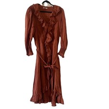 Dôen Womens Nadia Burled Redwood Ruffle Hi Low Maxi Gown Button Dress Sz Large