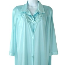 Vanity Fair Womens Light Blue Long Sleeve Button-Front Robe Embroidered Yoke Col