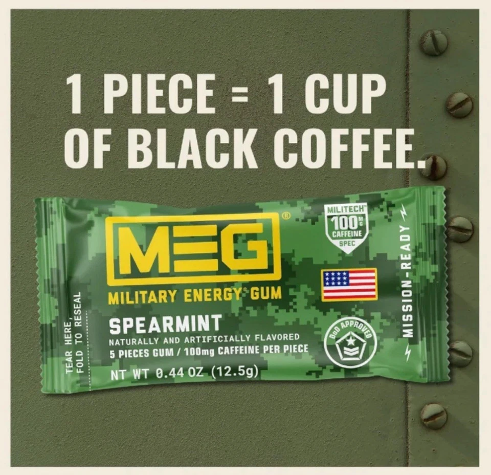 Goma de mascar de energía militar Meg Spearmint, paquete de 24, paquetes de 5 piezas de cafeína de 100 mg Foto 2 de 4