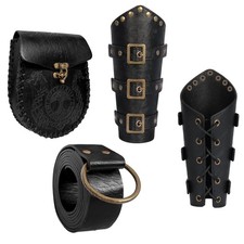 3PCS Renaissance Set - Viking Medieval Belt with Embossed Pouch Leather Bra...