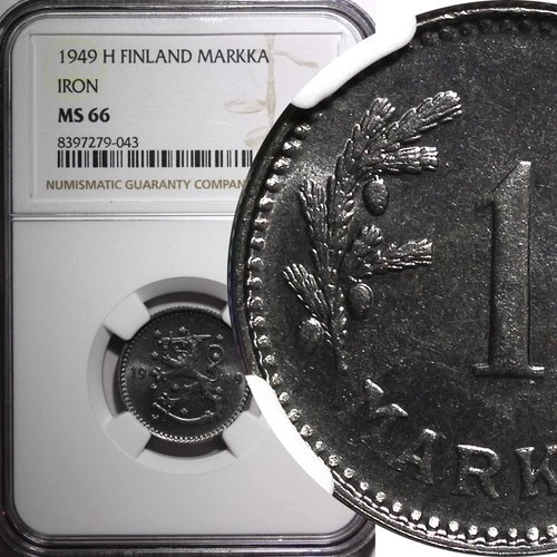FINLAND Iron 1949 H 1 Markka NGC MS66 BU TOP GRADED BY NGC KM# 30b (043)