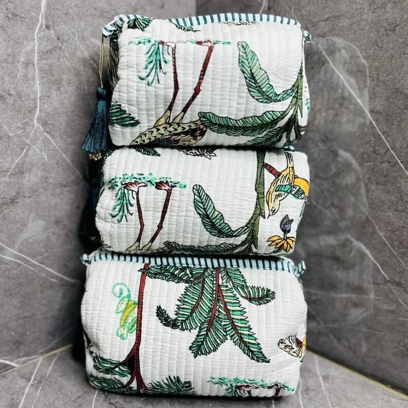 Indian White Tiger Cotton Quilt Toiletry Purse Cosmetic Storage Bag Of 3 Pc US
