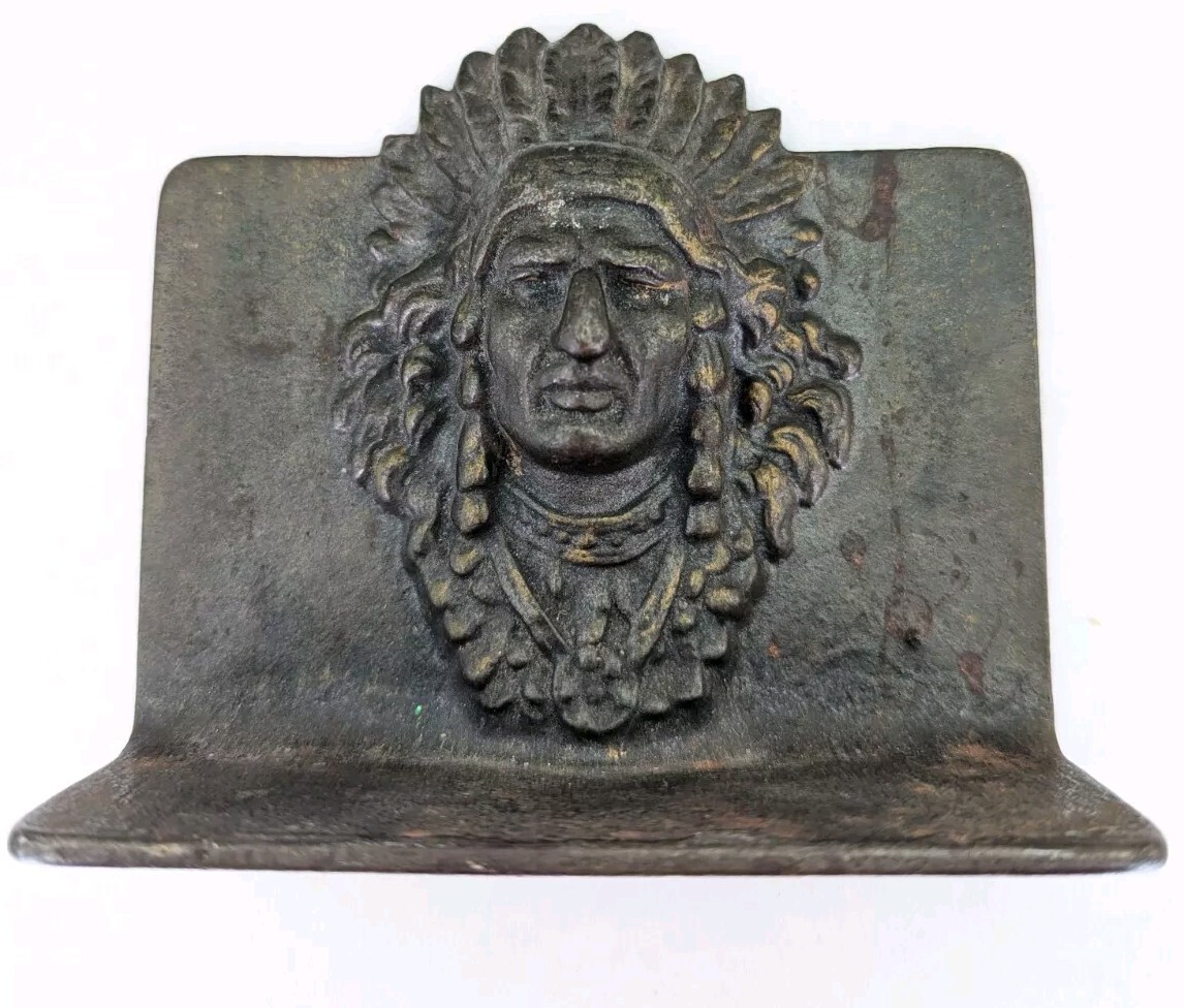 Single Cast Iron Native American Indian Chief Head Bookend Vintage 