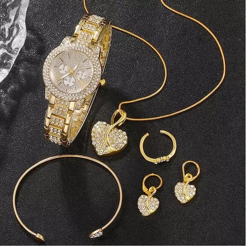 Women's Gold Watch Jewelry Set | Crystal Necklace Earrings Ring Gift