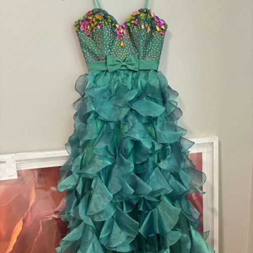 GORGEOUS SHERRI HILL PROM DRESS 00P MERMAID GREEN W/ PINK SHADE-SHIFTING STONES