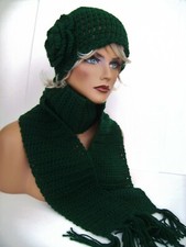 NEW CROCHET GREEN FLOWER HAT AND SCARF SET HAND MADE BEANIE SKULL CAP CLOCHE