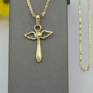Authentic 14K Gold Plated Cross with Wings Heart Angel Pendant & 20in chain Jewelry