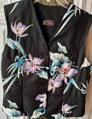 Black with color orchid print beaded & sequin silky insulated lined vest.
