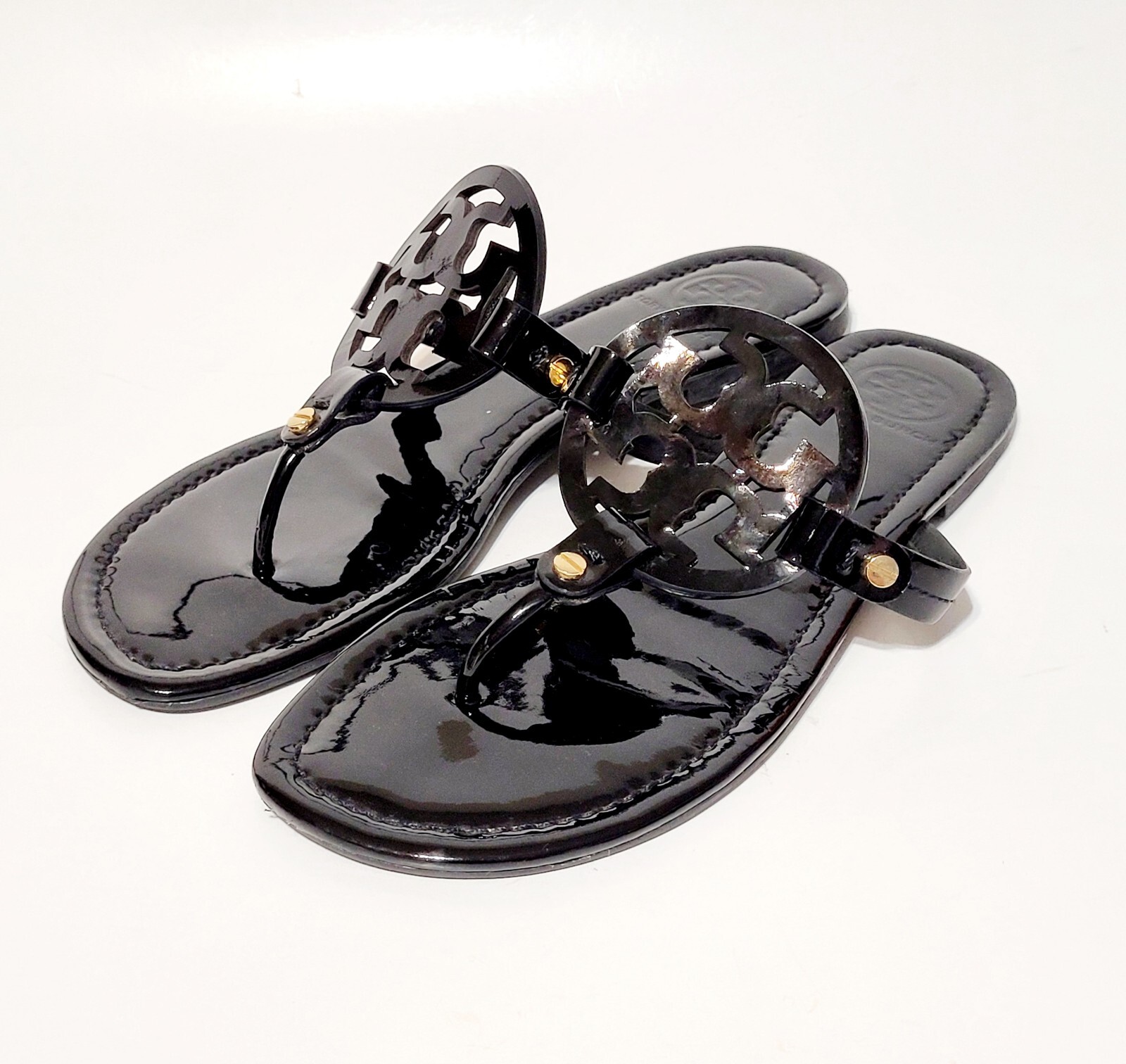 Tory Burch Miller Sandals Logo Black Patent Leather Thong FlipFlop Flats Wms 10M thumbnail 6