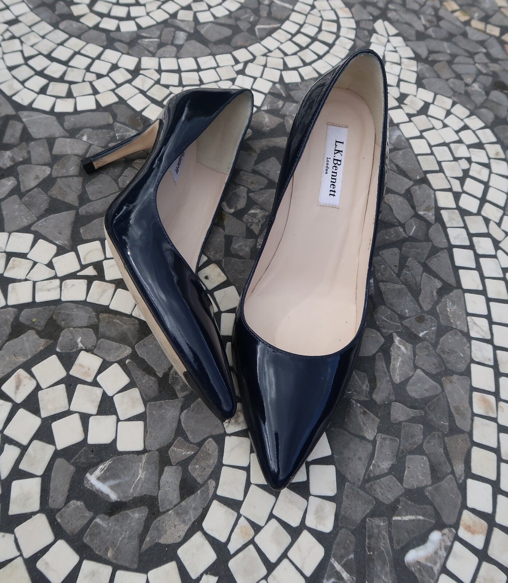 L K Bennett Heels Leather Patent Shoes Navy Blue Pointed Toe Courts