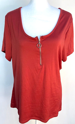Justify Women's Short Sleeve Shirt Burnt Orange w/ 1/4 Decorative Zip Size 1X