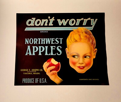 Vintage Original Crate Advertisement Wooden Fruit Box Label ''Don't Worry Apples''