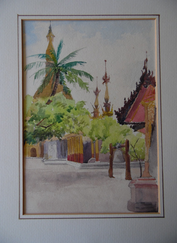 Myanmar Temples c1930 Original Watercolour ME Mills Burma - Picture 4 of 4