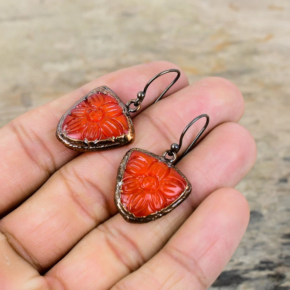 Copper Trillion Carved Red Onyx Gemstone Electroformed Bezel Dangling Earrings - Image 4 of 4