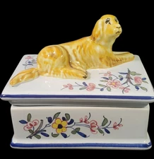 Hand Painted for Tiffany Golden Retriever Trinket Dresser Box 1960's Scarce