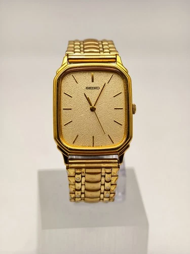Vintage UniSex 1989 SEIKO Gold Tone Rectangular Quartz Watch 5P31-5D8A Works!