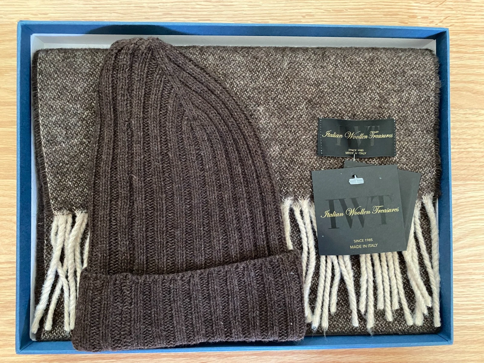 NWT! Made in Italy 2 Piece Gift Set Wool/Cashmere Knit Scarf & Hat Mens Brown