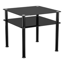 AVF 60cm Glass Side Table with Shelf, Tempered Black Glass, Black Gloss Legs