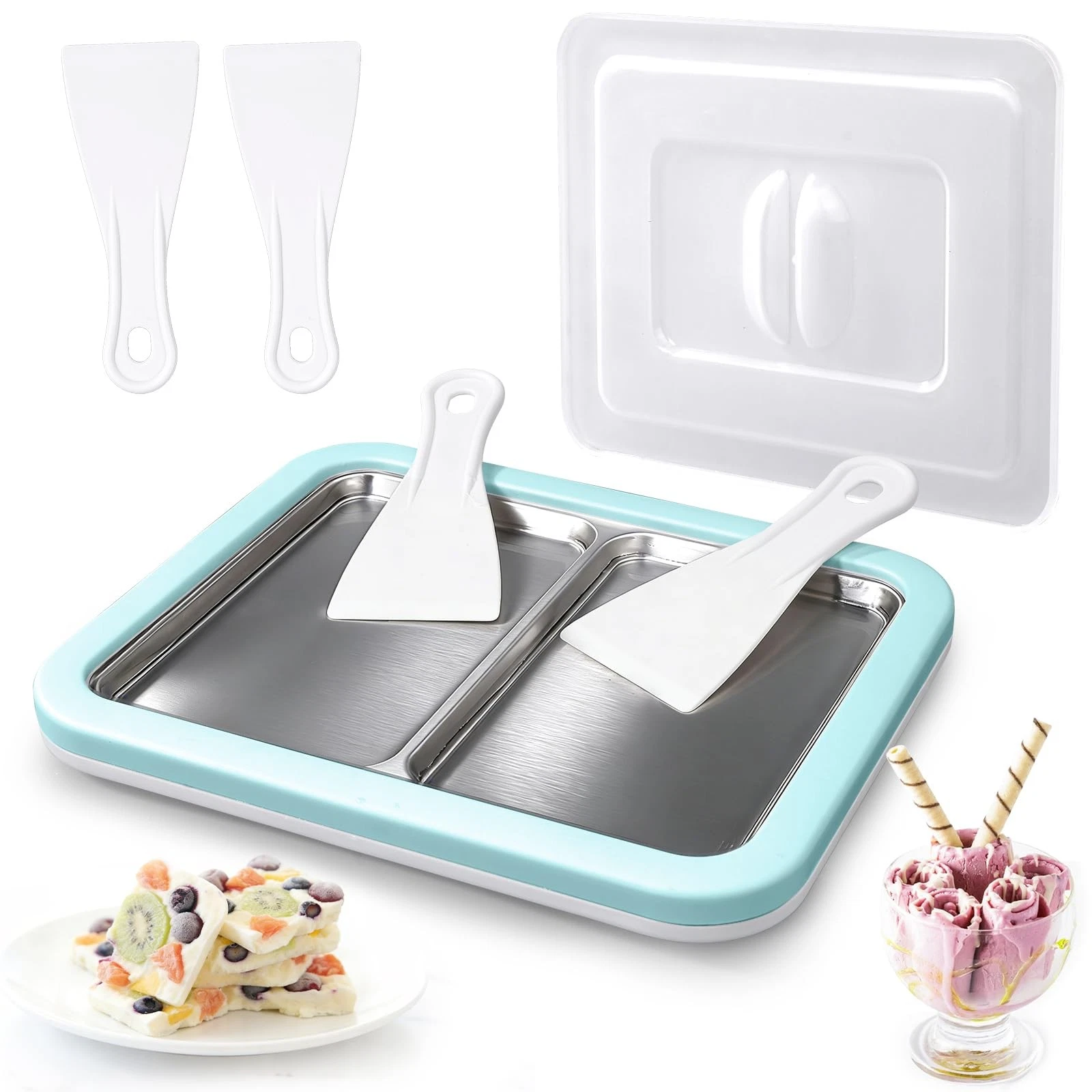 Rolled Ice Cream Maker, Dual Trays Instant Ice Cream Maker, Food-Homemade Fro...