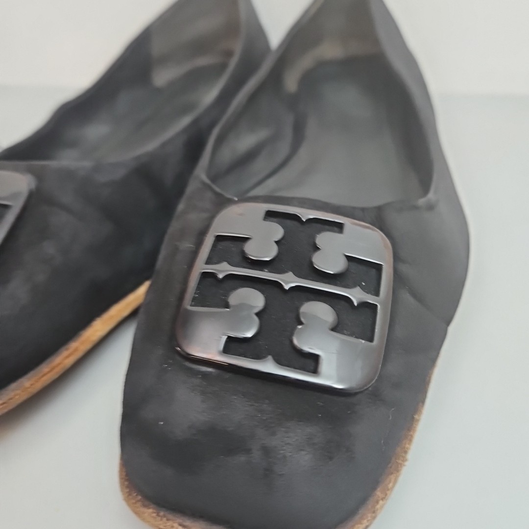 Tory Burch Georgia Ballet Flat Black Leather Suede Square Toe Logo Size 10M thumbnail 4