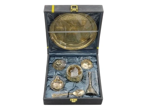 NOBILITY 9 PCS 6 INCH PITAL PLATE BRASS PUJA THALI SET WITH GRAY VELVET GIFT BOX