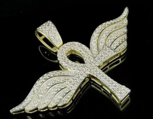 Authentic 2Ct Real Moissanite Men's Wings Ankh Cross Pendant 14K Yellow Gold Plated Silver