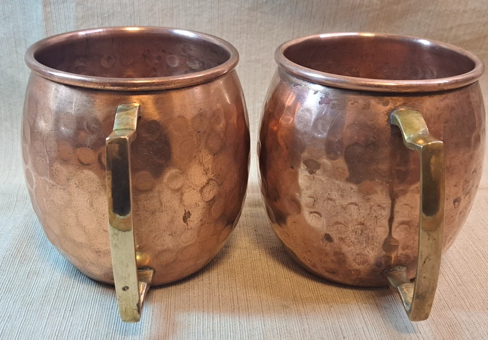 Lote de 2 tazas taza cerveza mula hoyuelo martillado cobre latón mango Foto 3 de 4