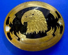 Inlaid Eagles Head Vintage Johnson Held Belt Buckle - Triple ribbons - engrave