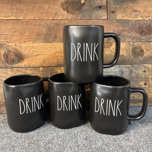 Rae Dunn Artisan Collection Coffee Mugs Cups Set Of 4 “DRINK” Black White