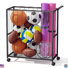 Rolling Sports Ball Storage Cart - Metal Organizer Rack for Indoor & Outdoor Use