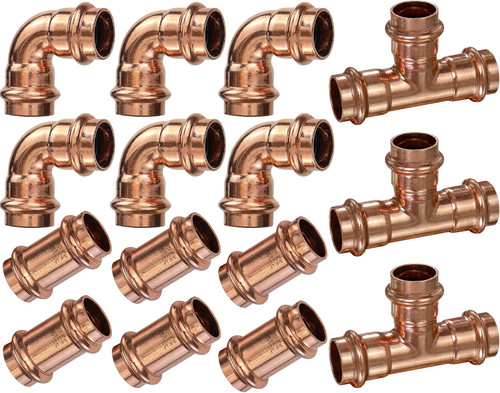 Copper Press Fittings 3/4Inch Kit,6Pk Copper Coupling&6Pk 90 Elbow&3Pk Tee