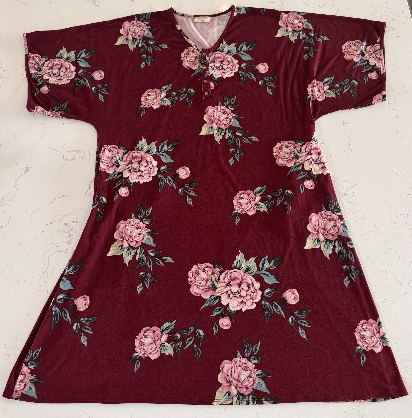 Dwell And Slumber One Size Caftan House Dress Women’s Wine Floral Short Sleeve ￼