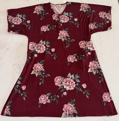 Dwell And Slumber One Size Caftan House Dress Women s Wine Floral Short Sleeve ￼