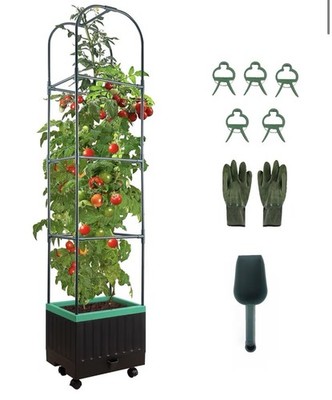 Self-Watering Planter Box with Adjustable Trellis, Steel PPC, Gloves