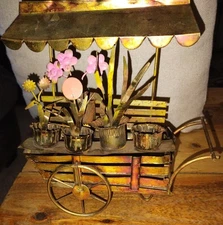 Retro Vintage Copper Art Sculpture Flower Cart Painted Flowers Canopy Wheels