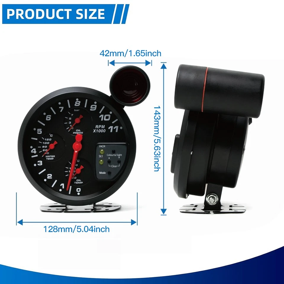 Juego universal de medidores de coche tacómetro medidor de RPM temperatura del agua temperatura del aceite presión del aceite Foto 2 de 4
