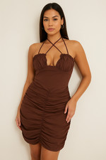 Woven Stretch Ruched Bust Tie Strap Bodycon Mini Dress Chocolate Size 8 Halter