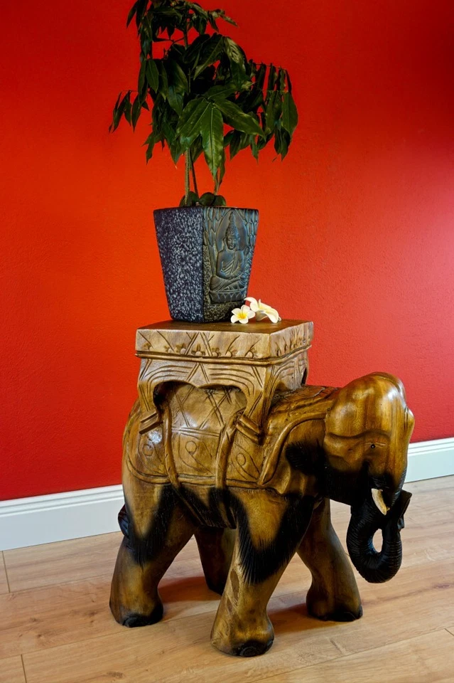 Elephant Side Table Brown Acacia Solid Wood Flower Stool Table Carving - Image 2 of 4